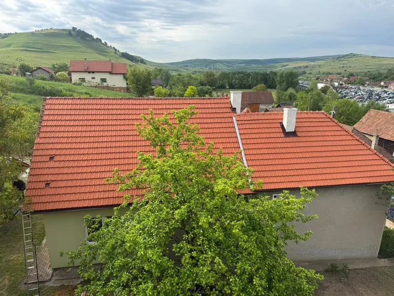 Casă cu acoperiș din țiglă ceramică roșie, între copaci, cu satul și dealurile în spate